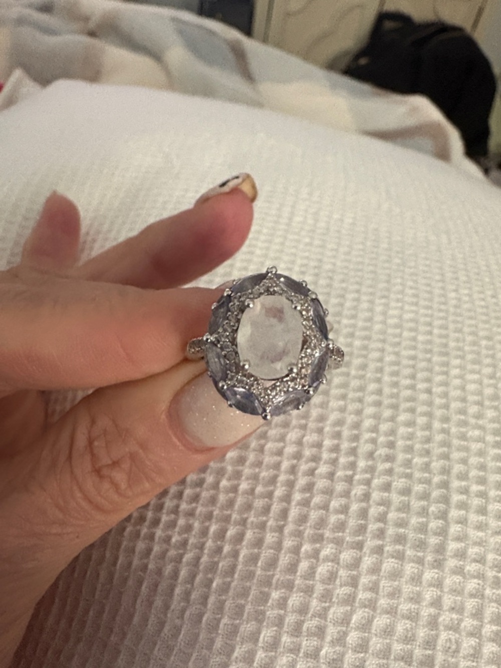 Sterling Silver Moonstone Halo Ring with Light Amethyst Accents - Picture 2 of 5